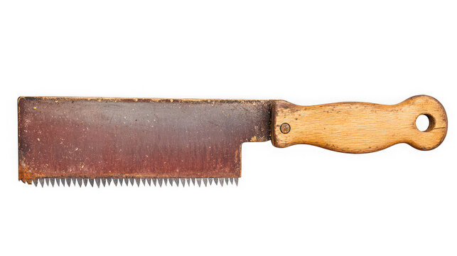 A rusty old handsaw with a wooden handle on transparent background