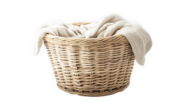 A wicker laundry basket filled with clean towels on transparent background