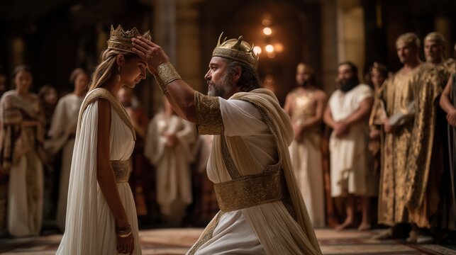 Ahasuerus crowns Esther in a radiant throne hall as courtiers watch, expressing honor, destiny, and the rise of a chosen queen.
