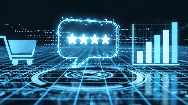 Holographic five-star review bubble and analytics dashboard glowing above a neon blue digital grid, with shopping cart and bar chart icons in a futuristic feedback visualization