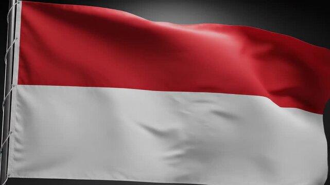 Close-up of a red and white horizontal bicolor national flag billowing from a pole against a dark background, shown in two frames highlighting fabric texture and motion