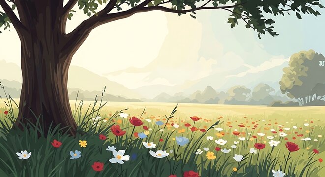 Serene landscape with tree and flowers.