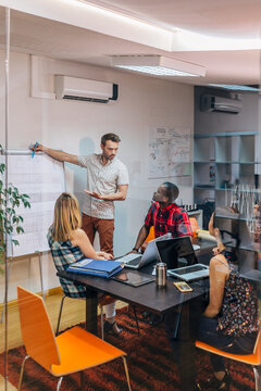 Team meeting in modern office with presenter and laptops