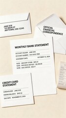 Fototapeta premium A collection of financial documents including bank statements and official correspondence on a beige surface, related to paying bills and managing finances.