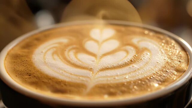 Close-up cinematic frames of a freshly poured latte showcasing intricate heart-shaped rosette latte art on velvety microfoam in a ceramic cup with warm golden crema highlights