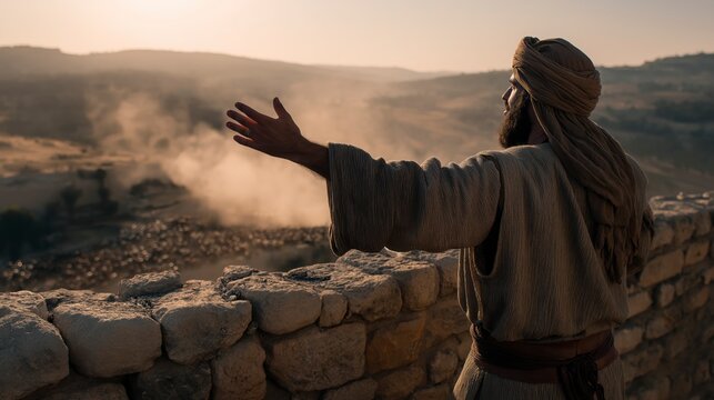 A dramatic biblical scene of Isaiah standing on the walls of Jerusalem, speaking to soldiers and leaders as the distant Assyrian army advances across a dust-filled valley under a tense horizon.
