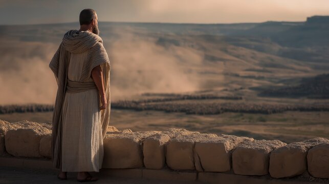 A dramatic biblical scene of Isaiah standing on the walls of Jerusalem, speaking to soldiers and leaders as the distant Assyrian army advances across a dust-filled valley under a tense horizon.

