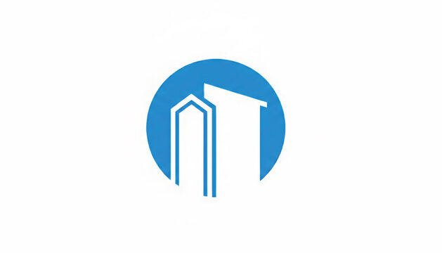 Building architecture icon with blue circular backdrop and white outline walls for real estate and property branding