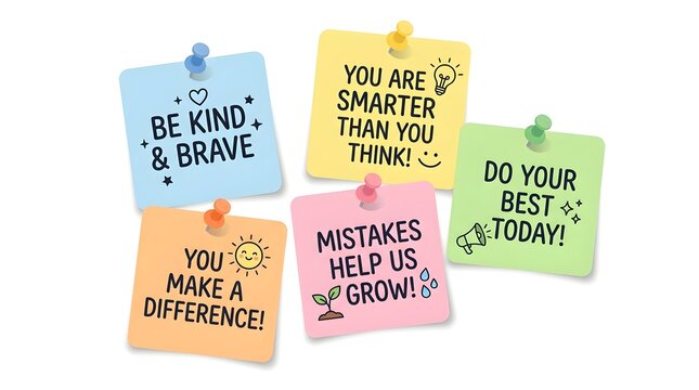 Collection of five motivational and inspirational sticky notes pinned with pushpins isolated on a white background