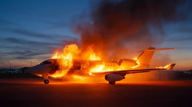 Conceptual aviation disaster as a private luxury business jet is consumed by fierce fire and massive black smoke at twilight on an airport runway.