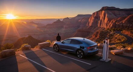 Obraz premium Man sitting on rock edge next to electric car charging at sunset. Modern vehicle plugged into station at scenic canyon overlook. Sustainable energy and outdoor road trip travel concept.