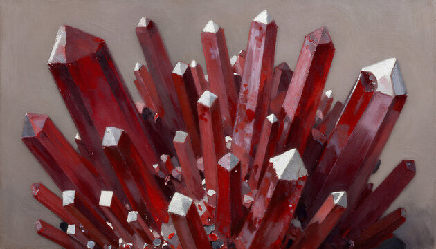 Close-up of a cluster of needle-shaped rare earth mineral crystals in dark red and bright red with tiny white tips painted in oil