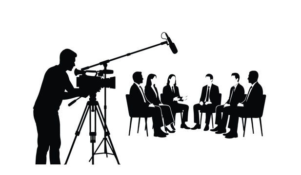 A black silhouette depicts a film crew operating a camera while interviewing a panel of formally dressed people silhouette high quality professional detailed modern