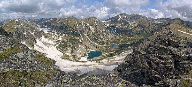 Panorama of the Rila mountains with mount Musala and Marichini lakes, Bulgaria