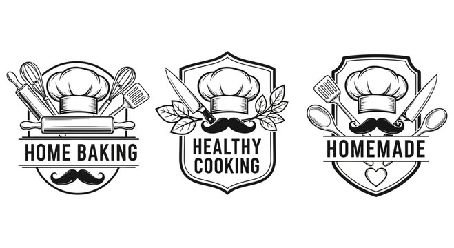 Three vintage badge style logos for home cooking and baking
