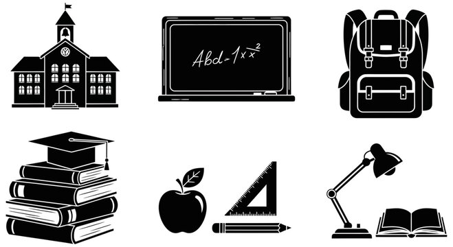 Black school icons featuring education supplies and building for learning purposes