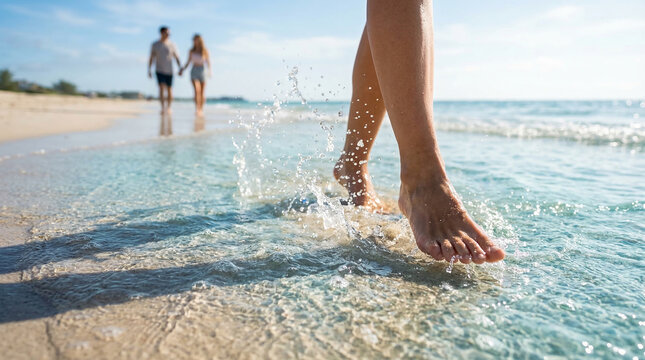 Low angle view of barefoot legs splashing through shallow ocean water on a scenic sandy beach with a romantic couple walking in the background