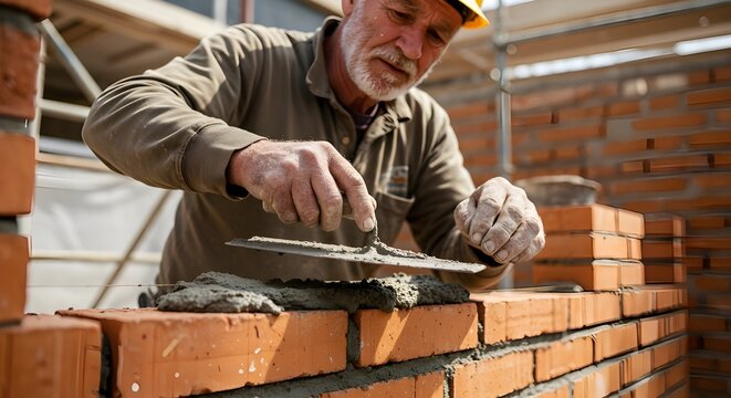 bricklayer laying bricks on a masonry wall. Concept of construction, masonry work, building, and skilled labor in site development.