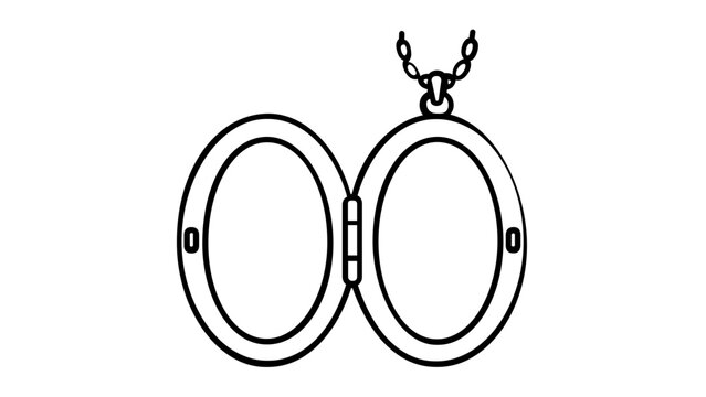 Minimalist black and white vector illustration of an open oval locket necklace on a chain, featuring a classic hinged design for two photos, ideal for sentimental jewelry and keepsake icons.