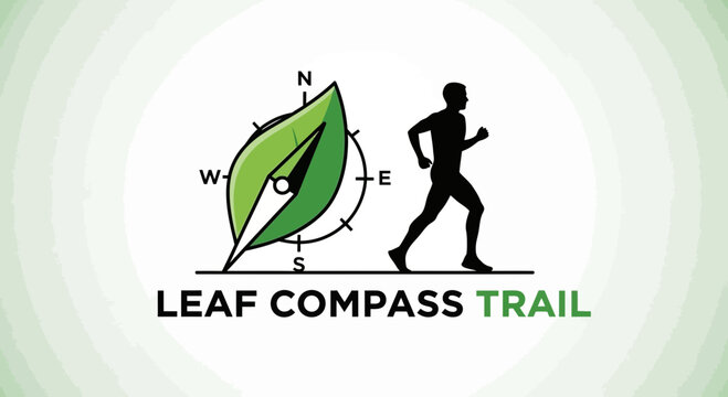 A Person Runs the Leaf Compass Trail and a Compass, Green Concept Logo