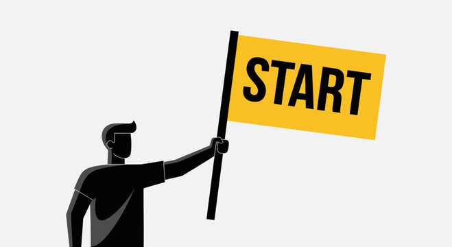 A Person Displays A Flag With The Start Inscription, ready to begin something new and important