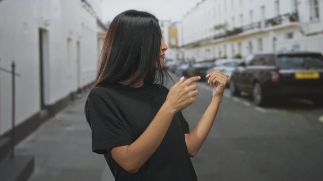 Woman smiling with palms up shrugging on a residential street with parked cars and white row houses; playful curiosity.
