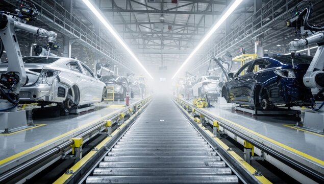 Automotive assembly line with robotic arms and cars in production