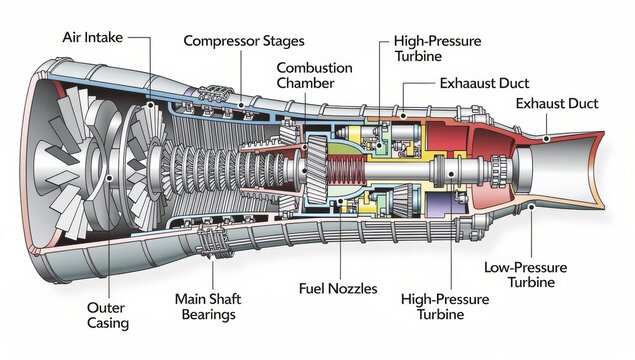 Detailed cross-section diagram of an industrial gas turbine engine's internal components