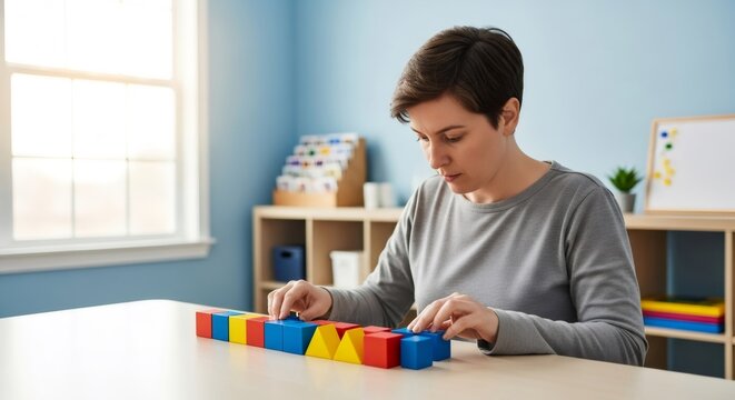 Woman playing with colorful wood blocks in classroom. Autism spectrum disorder therapy and rehabilitation. Applied behavior analysis concept for learning.