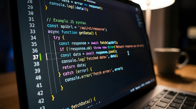 Closeup of a laptop screen displaying javascript code in a development environment with a cup of coffee on the desk
