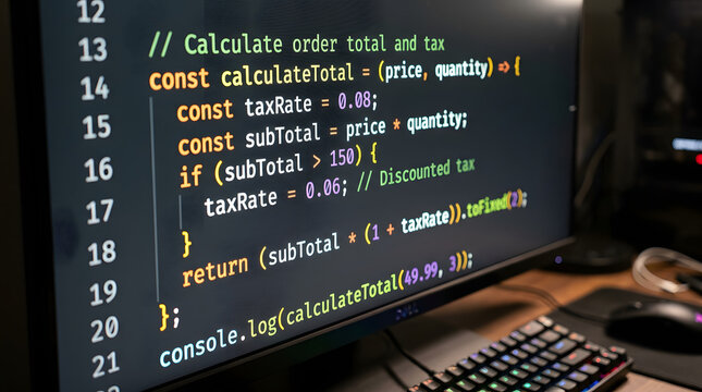 Closeup of computer screen displaying javascript code for calculating order total and tax with a keyboard in the background