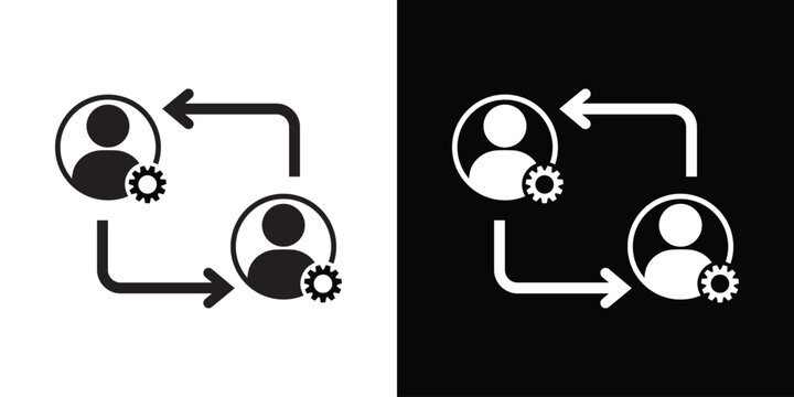Person icons featuring mechanical gears and directional flow arrows. Represents technical support, expert assistance, automated services, professional settings, and system maintenance.