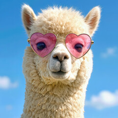 Fototapeta premium A cute alpaca is wearing pink heart-shaped glasses, set against a background of blue sky and fluffy clouds 