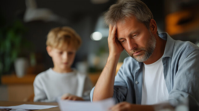 Faceless sad father sitting with a tired expression at a table during his son's failed mathematics homework in a family education stress concept. Defocused home background. Sad