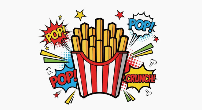 A colorful comic book style illustration of a bucket of french fries with pop and crunch sound effects
