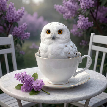 A snowy owl perched delicately in a teacup, adorned with a lilac sprig, resting on a pristine white table in a vibrant spring lilac garden