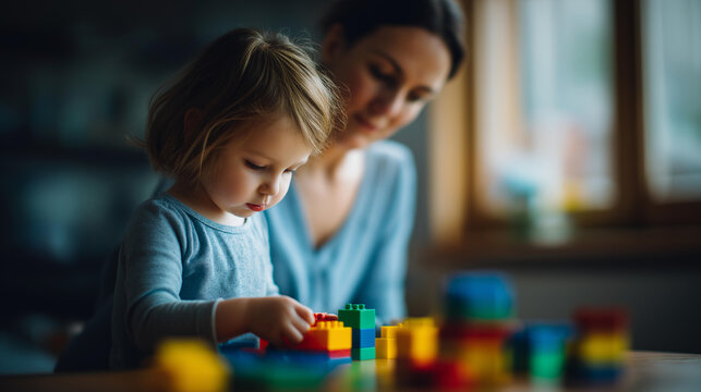 Faceless girl building with colorful magnetic tiles while a parent relaxes nearby in a calm family home activity concept. Defocused home background. Magnetic tiles building, child