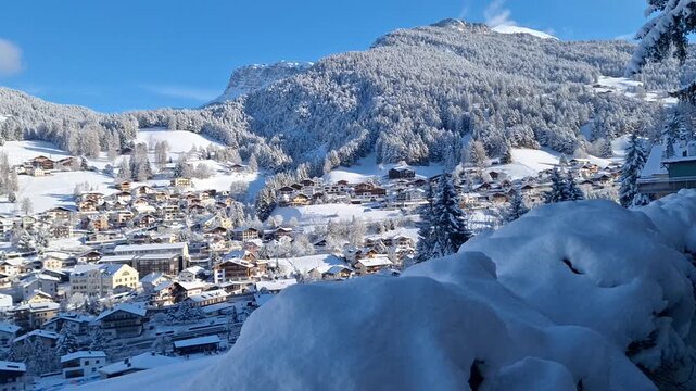 Panorama of the town of Ortisei on a sunny winter day.