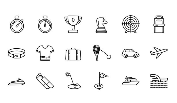 Thin stroke minimal sports icon set with travel leisure and fitness outline symbols for UI design