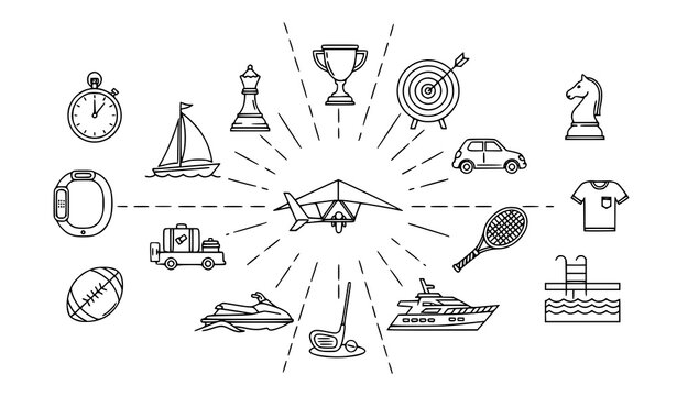 Modern outline sports and travel icon collection with fitness leisure and water activities in thin line style vector