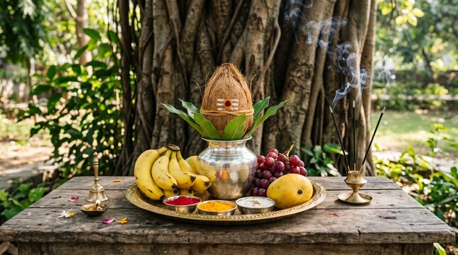 Vat Savitri Vrat, A beautifully arranged traditional pooja thali featuring a kalash, incense sticks, and seasonal fruits placed on a clean wooden surface at the base of a Banyan tree