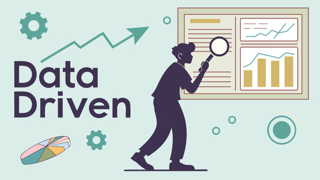 Vector illustration of data driven concept with charts and magnifier. Business analytics, market research, KPI evaluation, statistics report, decision making, and growth strategy concept.