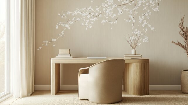 Modern minimalist home office with light beige tones and delicate floral wall decor