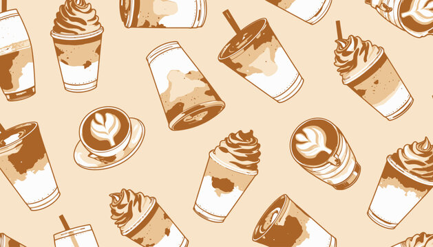 Seamless Pattern of Various Coffee Drinks Including Cappuccino, Latte, and Frappuccino with Whipped Cream on a Light Background