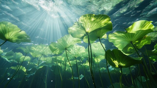 Underwater lily pads, sunlight rays, serene lake, nature background, ideal for relaxation themes