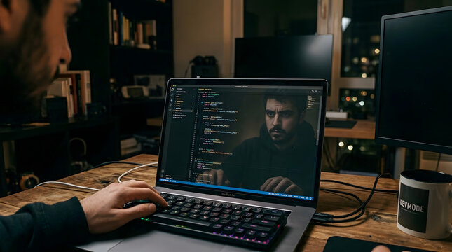 Man working on laptop with code on screen in dark room with monitor and coffee mug on wooden desk