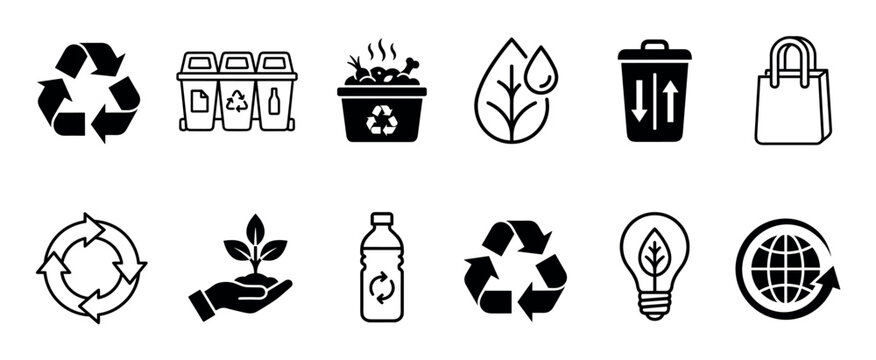 Comprehensive collection of black and white environmental icons representing recycling, sustainability, and eco-friendly practices, rendered in a clean, modern graphic style