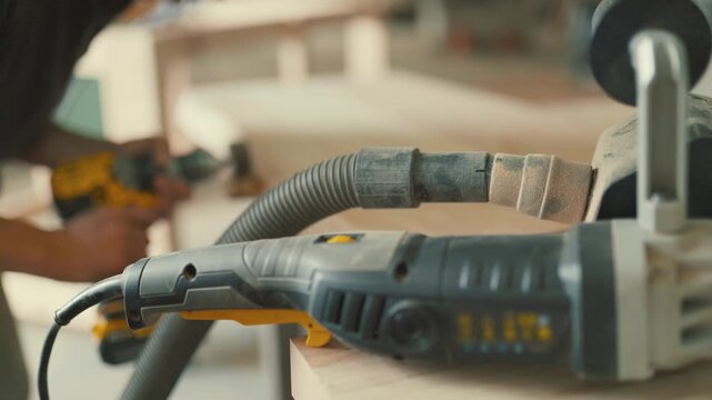 Power sander resting on workbench in workshop