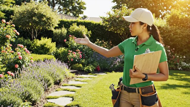 asian female gardener walking on stone path in blooming garden. professional landscaper with clipboard and toolbelt. backyard maintenance service. landscape design, horticulture worker.