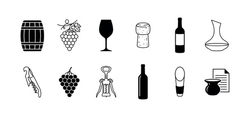 Naklejka premium Collection of black and white wine icons, including a barrel, grapes, glass, bottle, cork, decanter, and corkscrews, presented in a clean, minimalist style